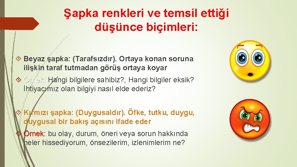 Şapka renkleri ve temsil ettiği düşünce biçimleri: Beyaz şapka: (Tarafsızdır). Ortaya konan soruna ilişkin Şapka renkleri ve temsil ettiği düşünce biçimleri: Beyaz şapka: (Tarafsızdır). Ortaya konan soruna ilişkin
