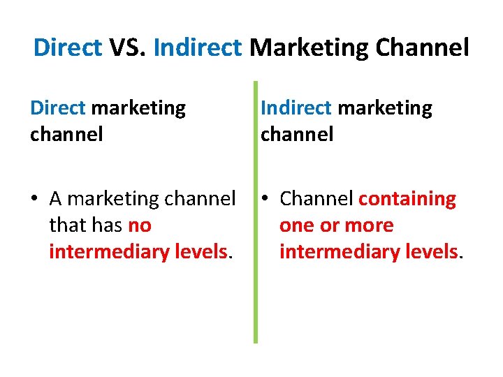 Direct VS. Indirect Marketing Channel Direct marketing channel Indirect marketing channel • A marketing