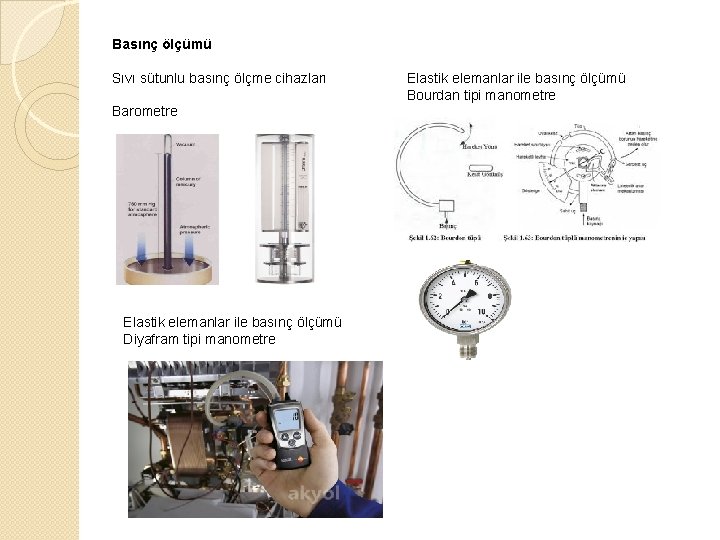 Basınç ölçümü Sıvı sütunlu basınç ölçme cihazları Barometre Elastik elemanlar ile basınç ölçümü Diyafram Basınç ölçümü Sıvı sütunlu basınç ölçme cihazları Barometre Elastik elemanlar ile basınç ölçümü Diyafram