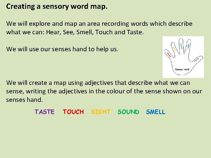 Creating a sensory word map. We will explore and map an area recording words