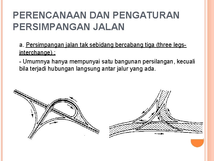 PERENCANAAN DAN PENGATURAN PERSIMPANGAN JALAN a. Persimpangan jalan tak sebidang bercabang tiga (three legsinterchange) PERENCANAAN DAN PENGATURAN PERSIMPANGAN JALAN a. Persimpangan jalan tak sebidang bercabang tiga (three legsinterchange)