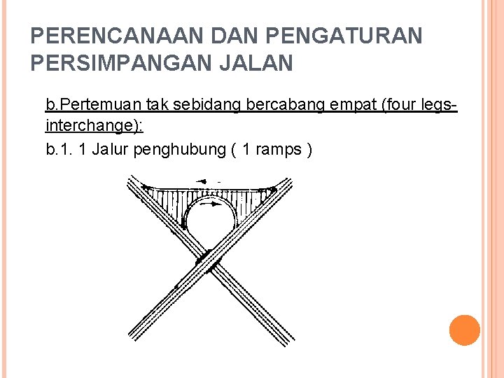 PERENCANAAN DAN PENGATURAN PERSIMPANGAN JALAN b. Pertemuan tak sebidang bercabang empat (four legsinterchange): b.