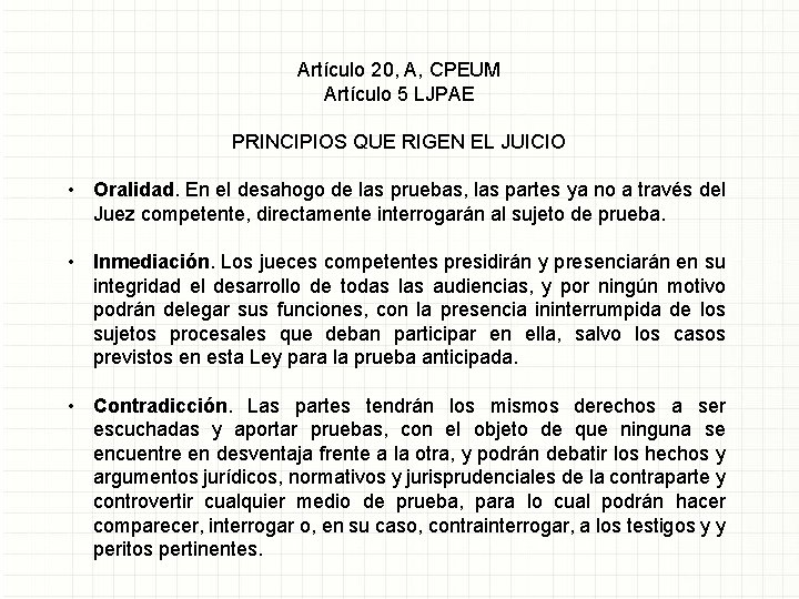 Artículo 20, A, CPEUM Artículo 5 LJPAE PRINCIPIOS QUE RIGEN EL JUICIO • Oralidad.