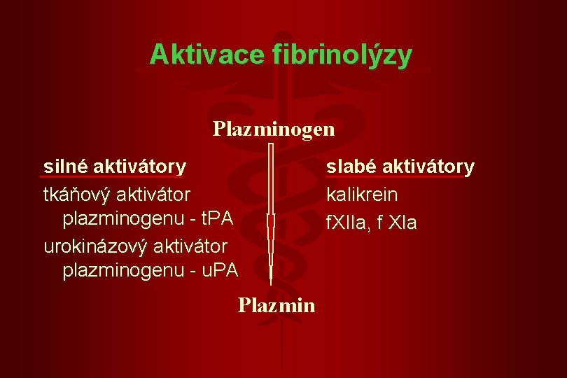 Aktivace fibrinolýzy Plazminogen silné aktivátory tkáňový aktivátor plazminogenu - t. PA urokinázový aktivátor plazminogenu