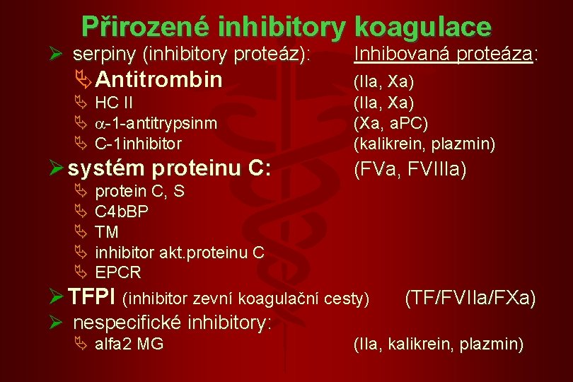 Přirozené inhibitory koagulace Ø serpiny (inhibitory proteáz): Ä Antitrombin Ä HC II Ä -1