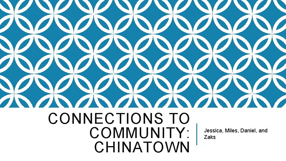 CONNECTIONS TO COMMUNITY: CHINATOWN Jessica, Miles, Daniel, and Zaks CONNECTIONS TO COMMUNITY: CHINATOWN Jessica, Miles, Daniel, and Zaks