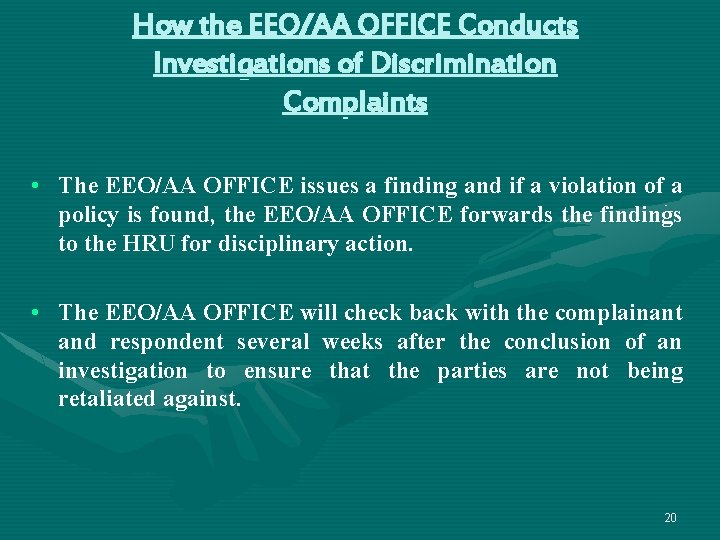 How the EEO/AA OFFICE Conducts Investigations of Discrimination Complaints • The EEO/AA OFFICE issues How the EEO/AA OFFICE Conducts Investigations of Discrimination Complaints • The EEO/AA OFFICE issues