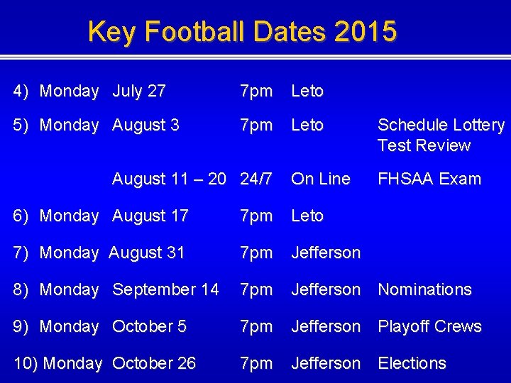 Key Football Dates 2015 4) Monday July 27 7 pm Leto 5) Monday August