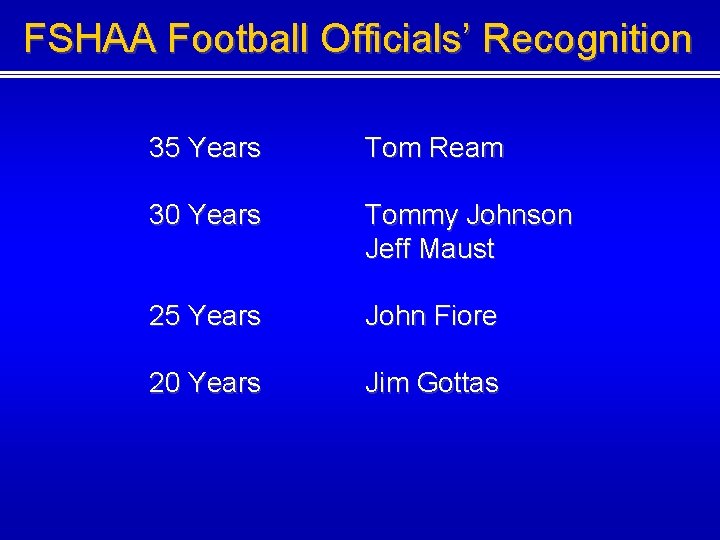 FSHAA Football Officials’ Recognition 35 Years Tom Ream 30 Years Tommy Johnson Jeff Maust