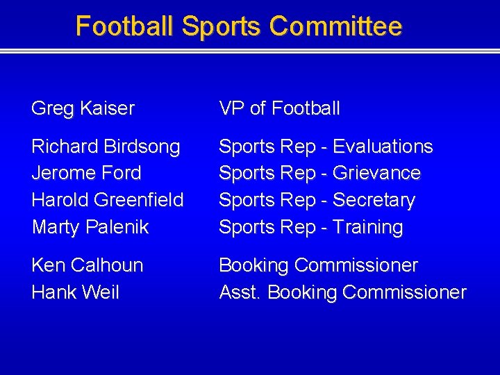 Football Sports Committee Greg Kaiser VP of Football Richard Birdsong Jerome Ford Harold Greenfield