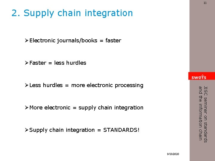 11 2. Supply chain integration ØElectronic journals/books = faster ØFaster = less hurdles JISC