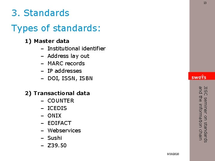13 3. Standards Types of standards: 1) Master data – Institutional identifier – Address