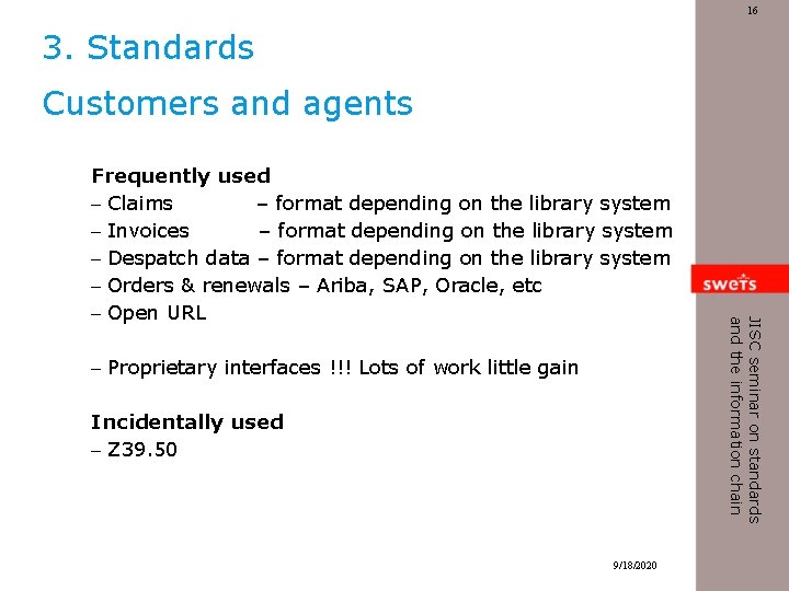16 3. Standards Customers and agents – Proprietary interfaces !!! Lots of work little