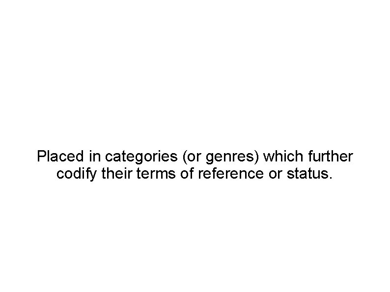 Placed in categories (or genres) which further codify their terms of reference or status.