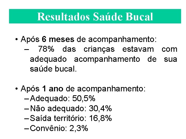 Resultados Saúde Bucal • Após 6 meses de acompanhamento: – 78% das crianças estavam