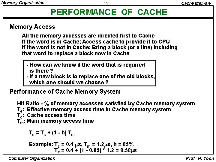 Memory Organization 11 Cache Memory PERFORMANCE OF CACHE Memory Access All the memory accesses