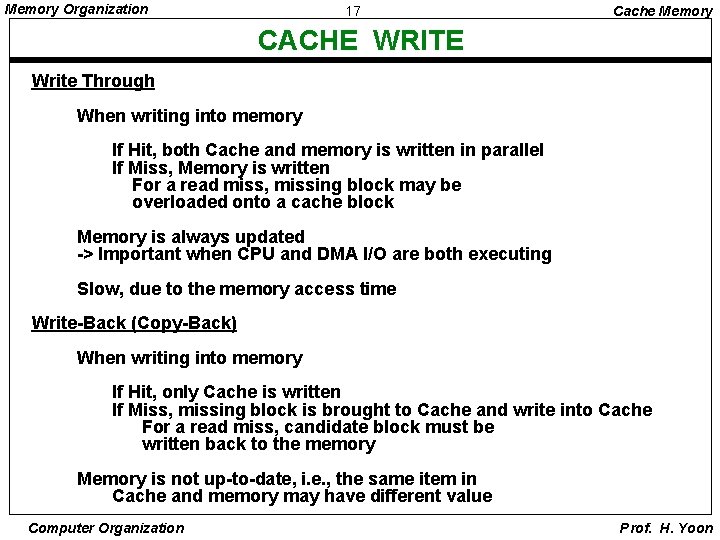 Memory Organization 17 Cache Memory CACHE WRITE Write Through When writing into memory If