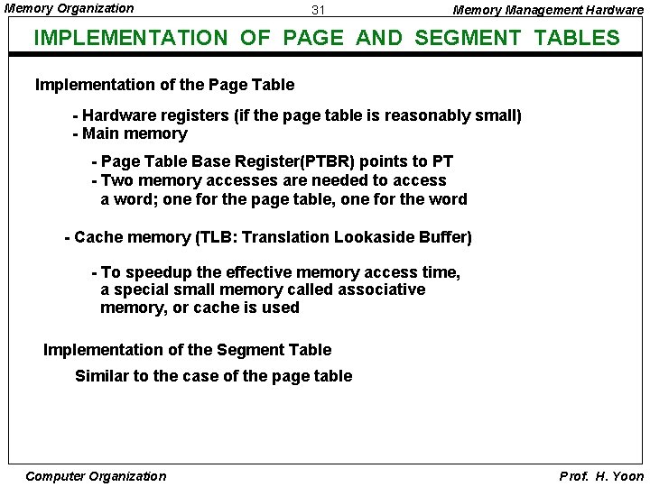 Memory Organization 31 Memory Management Hardware IMPLEMENTATION OF PAGE AND SEGMENT TABLES Implementation of