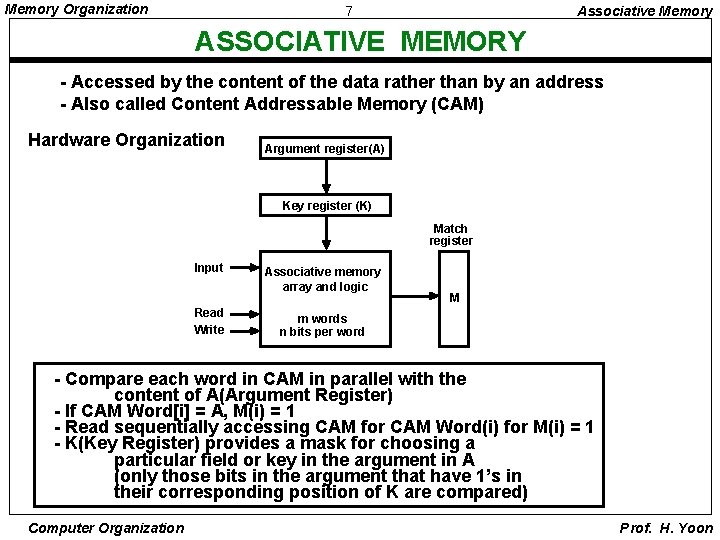 Memory Organization 7 Associative Memory ASSOCIATIVE MEMORY - Accessed by the content of the