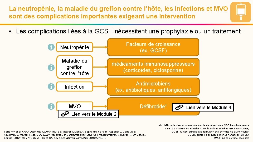 La neutropénie, la maladie du greffon contre l’hôte, les infections et MVO sont des