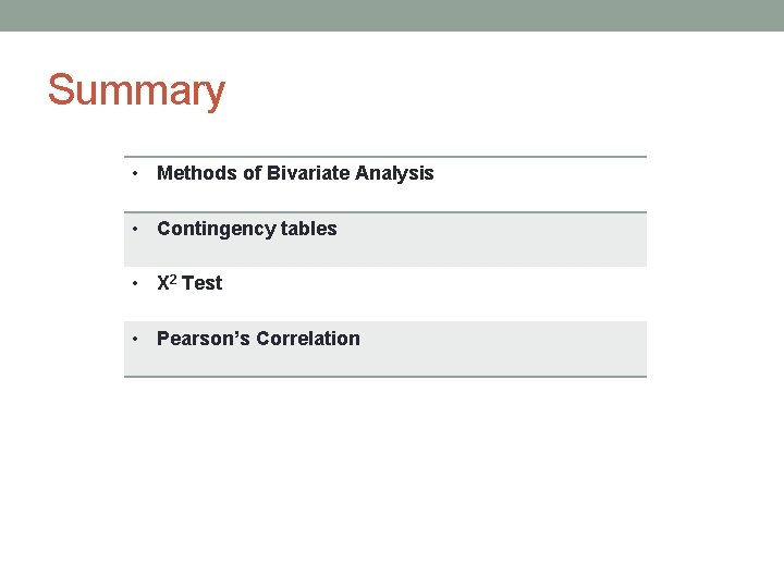 Summary • Methods of Bivariate Analysis • Contingency tables • X 2 Test •