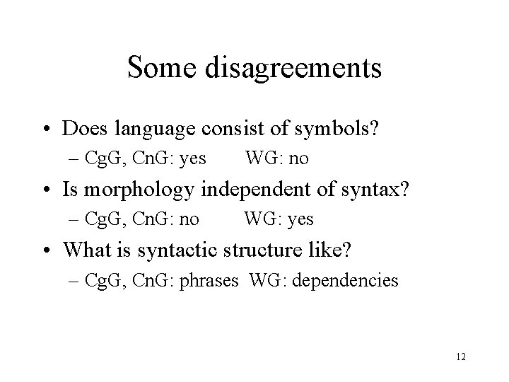 Some disagreements • Does language consist of symbols? – Cg. G, Cn. G: yes