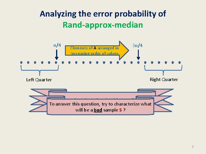 Analyzing the error probability of Rand-approx-median n/4 Left Quarter Elements of A arranged in