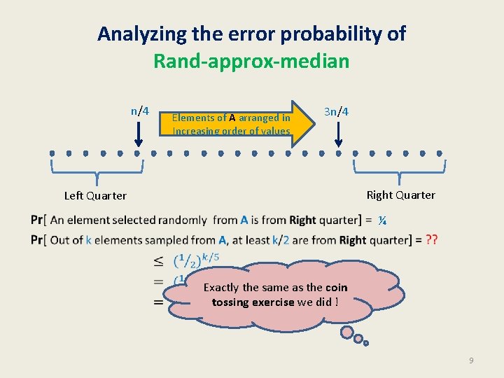 Analyzing the error probability of Rand-approx-median • n/4 Elements of A arranged in Increasing
