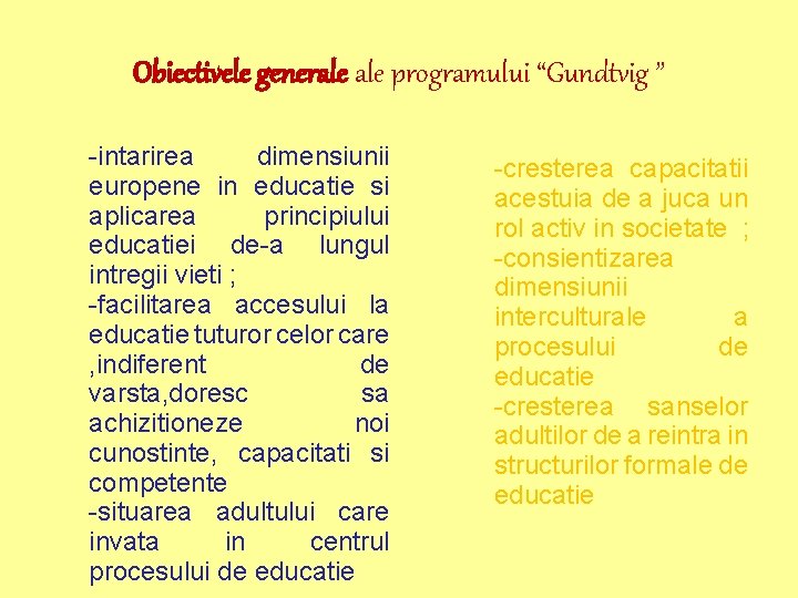 Obiectivele generale programului “Gundtvig ” -intarirea dimensiunii europene in educatie si aplicarea principiului educatiei