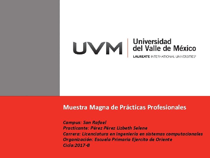 Muestra Magna de Prácticas Profesionales Campus: San Rafael Practicante: Pérez Lizbeth Selene Carrera: Licenciatura