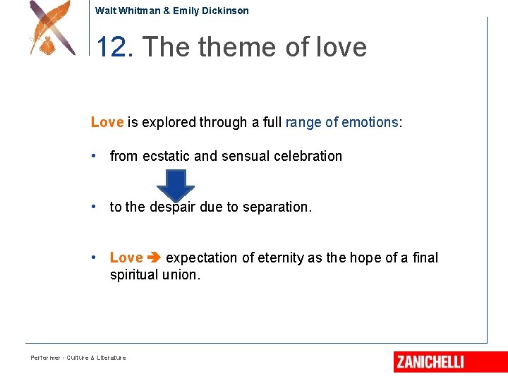 Walt Whitman & Emily Dickinson 12. The theme of love Love is explored through