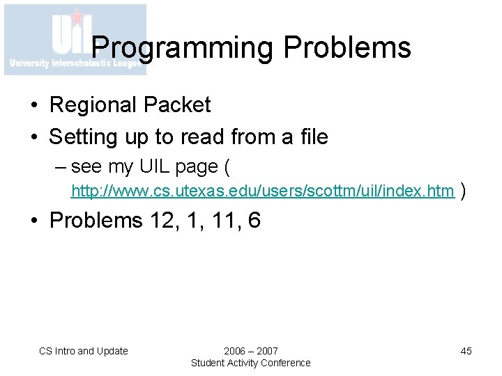 Programming Problems • Regional Packet • Setting up to read from a file –