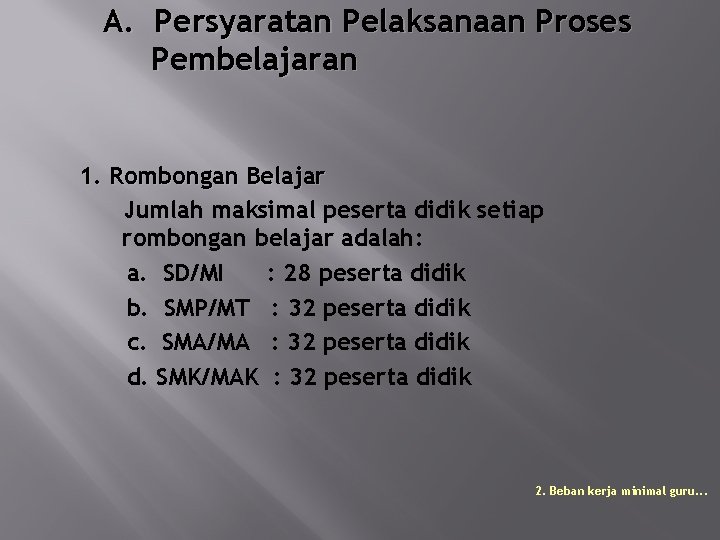 A. Persyaratan Pelaksanaan Proses Pembelajaran 1. Rombongan Belajar Jumlah maksimal peserta didik setiap rombongan