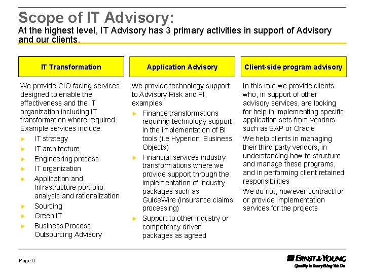 Scope of IT Advisory: At the highest level, IT Advisory has 3 primary activities Scope of IT Advisory: At the highest level, IT Advisory has 3 primary activities