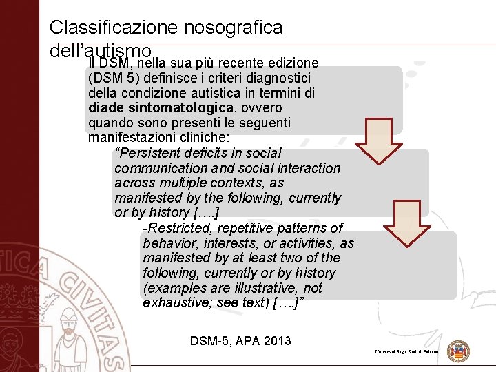 Classificazione nosografica dell’autismo Il DSM, nella sua più recente edizione (DSM 5) definisce i