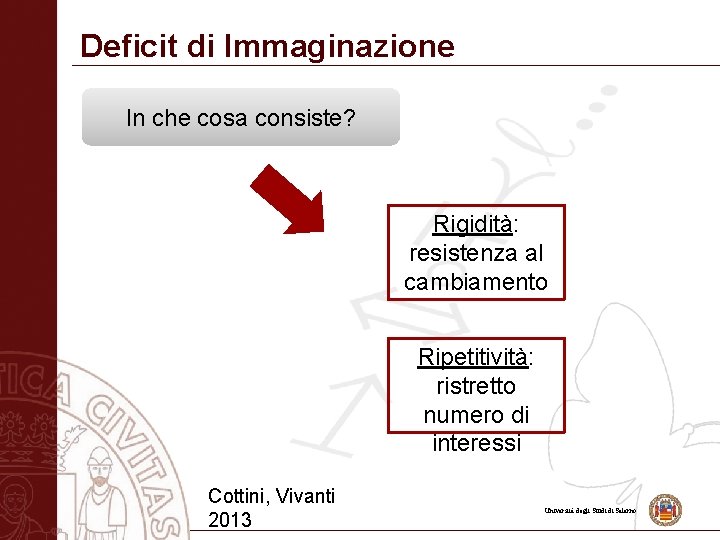 Deficit di Immaginazione In che cosa consiste? Rigidità: resistenza al cambiamento Ripetitività: ristretto numero