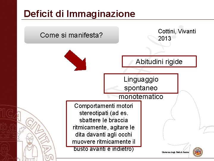 Deficit di Immaginazione Cottini, Vivanti 2013 Come si manifesta? Abitudini rigide Linguaggio spontaneo monotematico