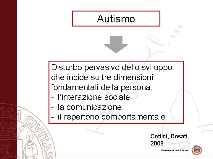 Autismo Disturbo pervasivo dello sviluppo che incide su tre dimensioni fondamentali della persona: -