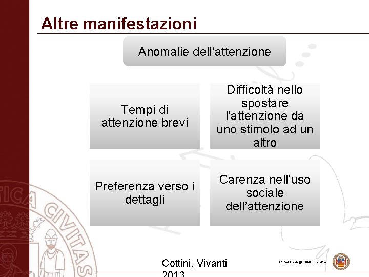 Altre manifestazioni Anomalie dell’attenzione Tempi di attenzione brevi Difficoltà nello spostare l’attenzione da uno