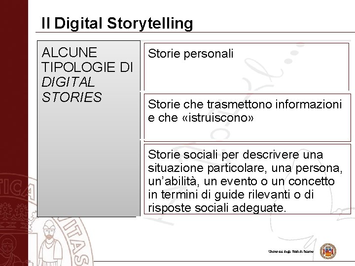 Il Digital Storytelling ALCUNE Storie personali TIPOLOGIE DI DIGITAL STORIES Storie che trasmettono informazioni