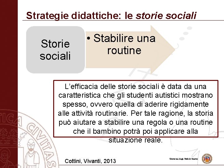 Strategie didattiche: le storie sociali Storie sociali • Stabilire una routine L’efficacia delle storie