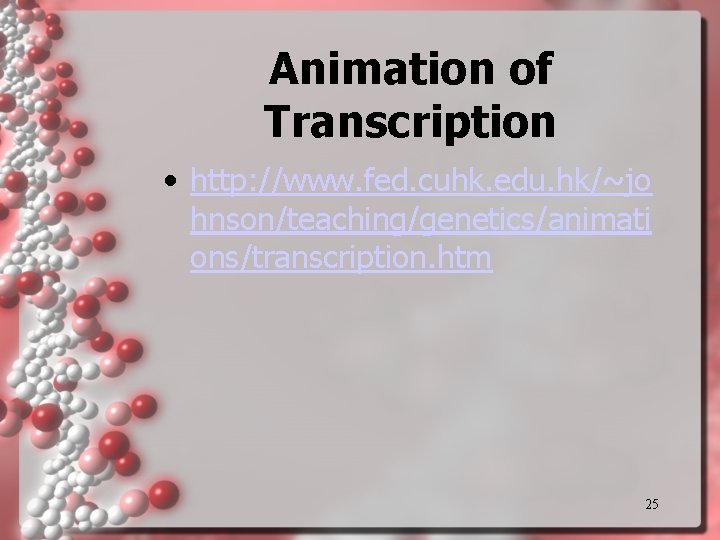 Animation of Transcription • http: //www. fed. cuhk. edu. hk/~jo hnson/teaching/genetics/animati ons/transcription. htm 25 Animation of Transcription • http: //www. fed. cuhk. edu. hk/~jo hnson/teaching/genetics/animati ons/transcription. htm 25