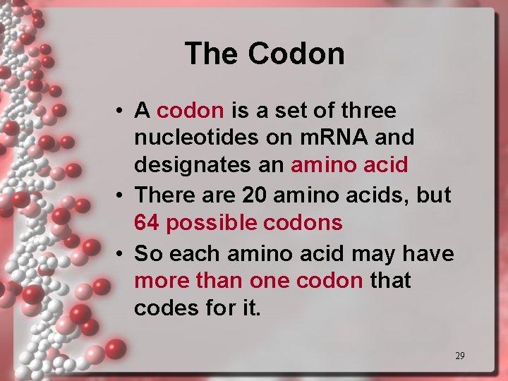 The Codon • A codon is a set of three nucleotides on m. RNA The Codon • A codon is a set of three nucleotides on m. RNA