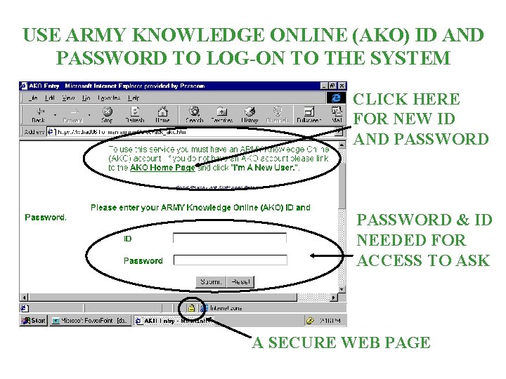 USE ARMY KNOWLEDGE ONLINE (AKO) ID AND PASSWORD TO LOG-ON TO THE SYSTEM CLICK