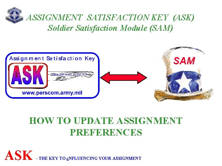 ASSIGNMENT SATISFACTION KEY (ASK) Soldier Satisfaction Module (SAM) SAM HOW TO UPDATE ASSIGNMENT PREFERENCES