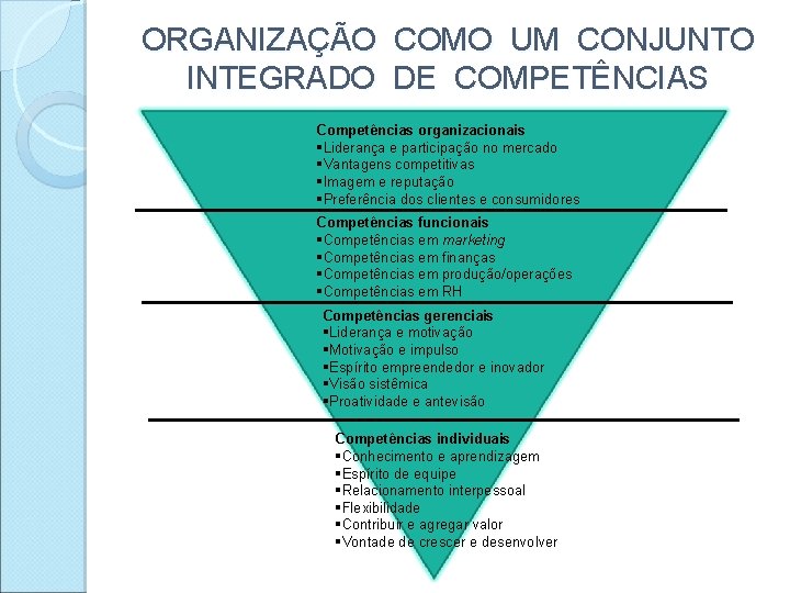 ORGANIZAÇÃO COMO UM CONJUNTO INTEGRADO DE COMPETÊNCIAS Competências organizacionais §Liderança e participação no mercado