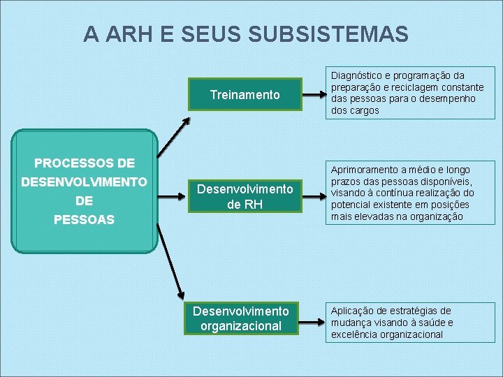 A ARH E SEUS SUBSISTEMAS Treinamento PROCESSOS DE DESENVOLVIMENTO DE PESSOAS Desenvolvimento de RH