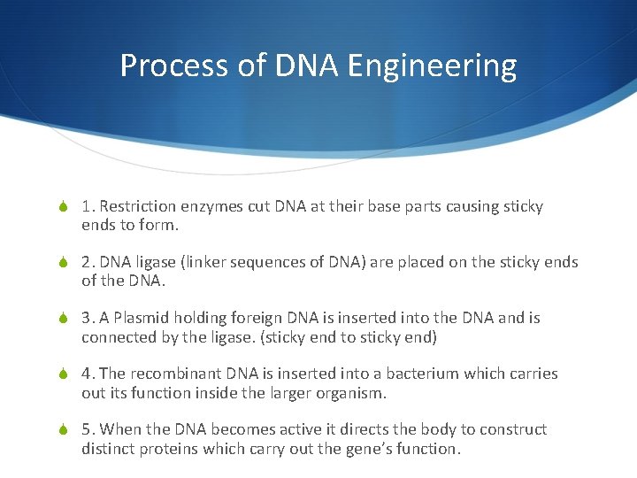 Process of DNA Engineering S 1. Restriction enzymes cut DNA at their base parts