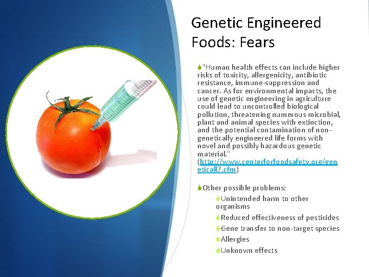 Genetic Engineered Foods: Fears S"Human health effects can include higher risks of toxicity, allergenicity,
