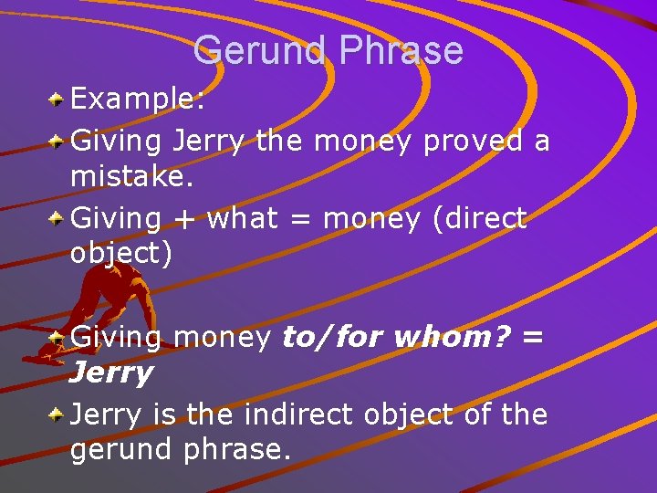 Gerund Phrase Example: Giving Jerry the money proved a mistake. Giving + what =